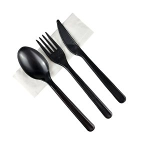   Műanyag Csomagolt FEKETE Evőeszköz 3+1 (Kés+Villa+Kanál+szalvéta) - Többször használható