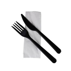   Műanyag Csomagolt FEKETE Evőeszköz 2+1 (Kés+Villa+szalvéta) - Többször használható