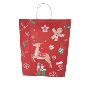 Papírtáska sodrottfüles 32x41+12 cm  piros - rénszarvas