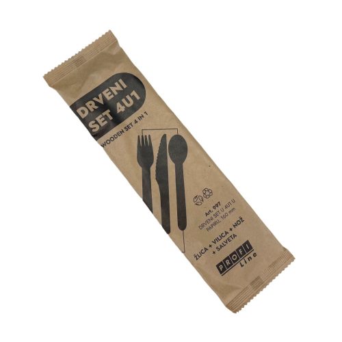 Csomagolt fa evőeszköz (kanál, kés, villa + szalvéta)