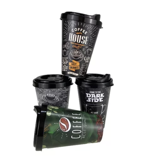 Műanyag kávés újrapohár 350 ml, ivólyukas tetővel