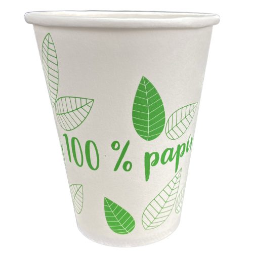 Műanyagmentes zöld leveles fehér papírpohár 3dl - 12oz