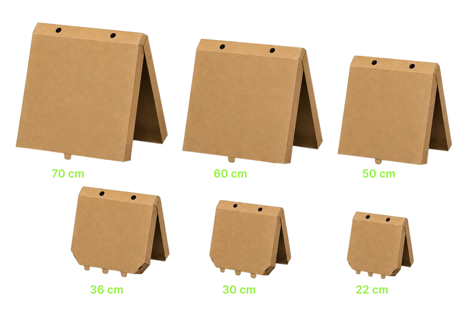 Pizzás doboz méretarányok 22 cm, 30 cm, 36 cm, 52 cm, 60 cm és 70 cm méretben