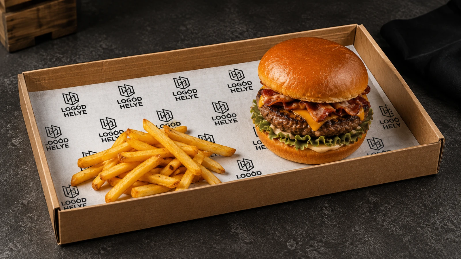 Logózott street food tálca és logózott zsírpapír